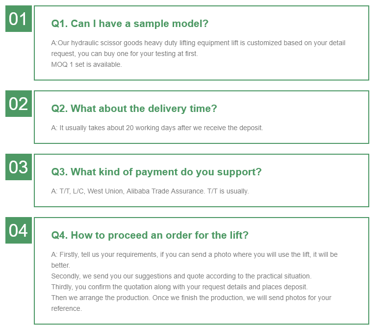 ग्राउंड कार्गो कैंची लिफ्ट प्लेटफॉर्म FAQ में